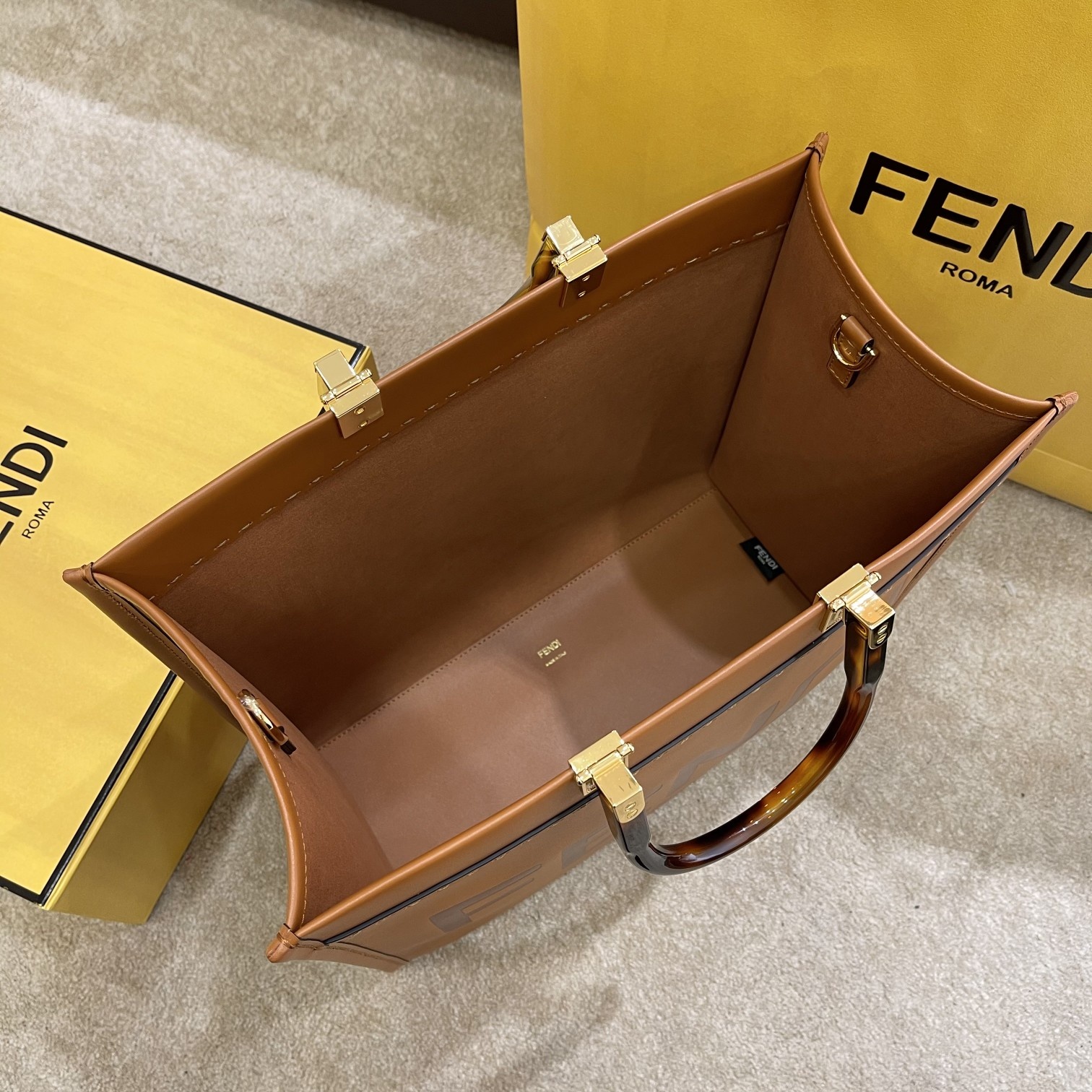 Fendi Medium Sunshine Shopper Brown Leather Bag 